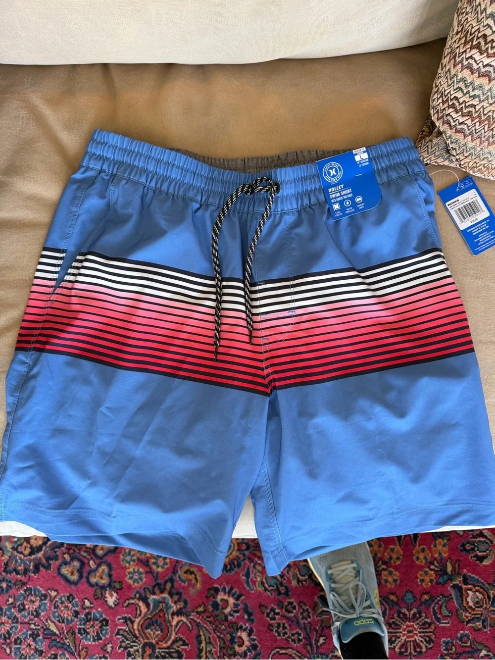 Hurley Blue Swim Trunks with Pink and Black Stripe Band